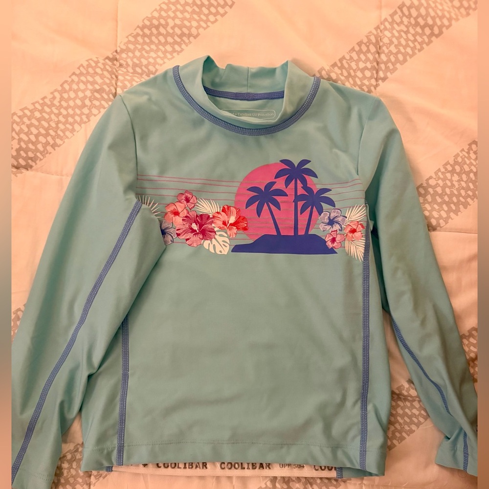 Coolibar Kids XS Rashguard - Aqua with Sunset Print